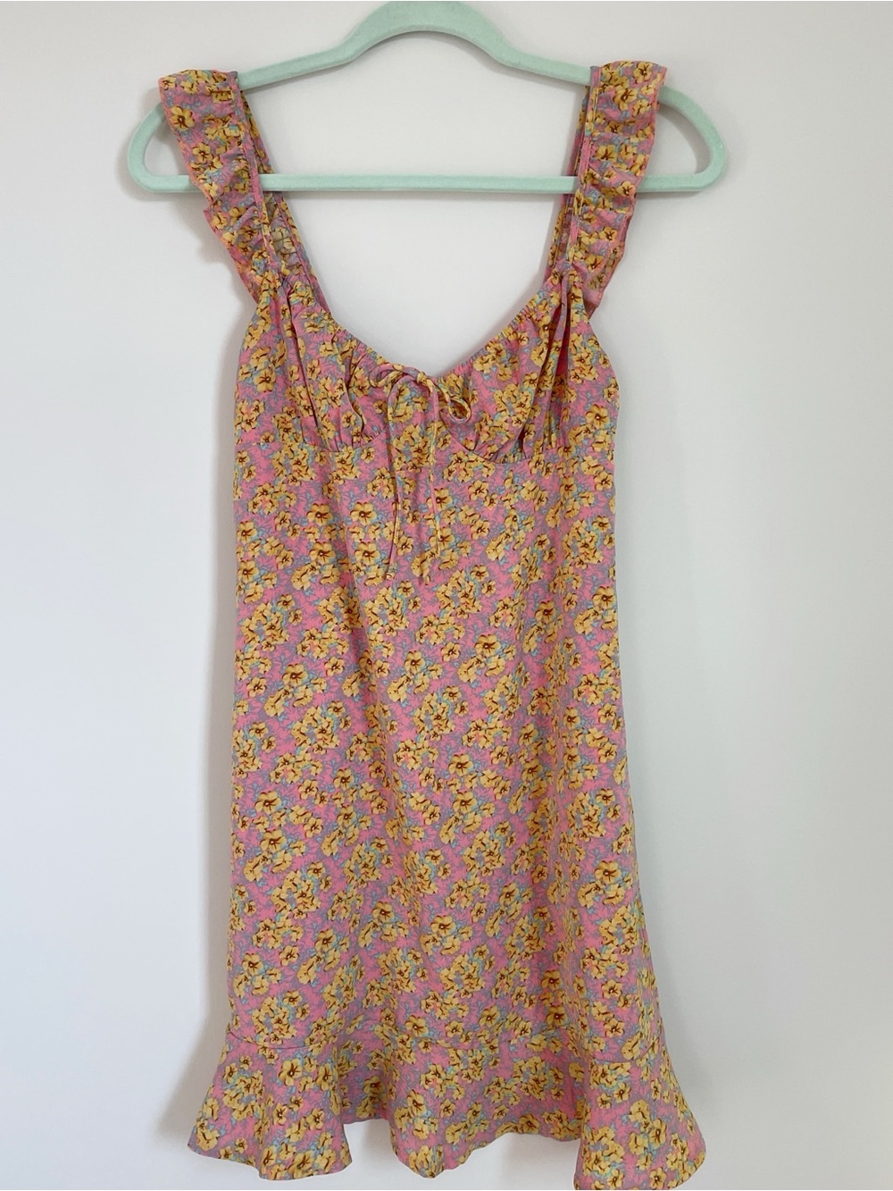 Kiss The Sky Floral Ruffle Hem Mini Dress Pink Yellow